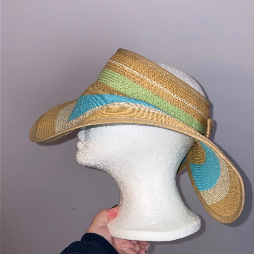 Croft & Barrow Wide Brim Tan Blue Green With Metallic Thread Bow Back Visor Hat